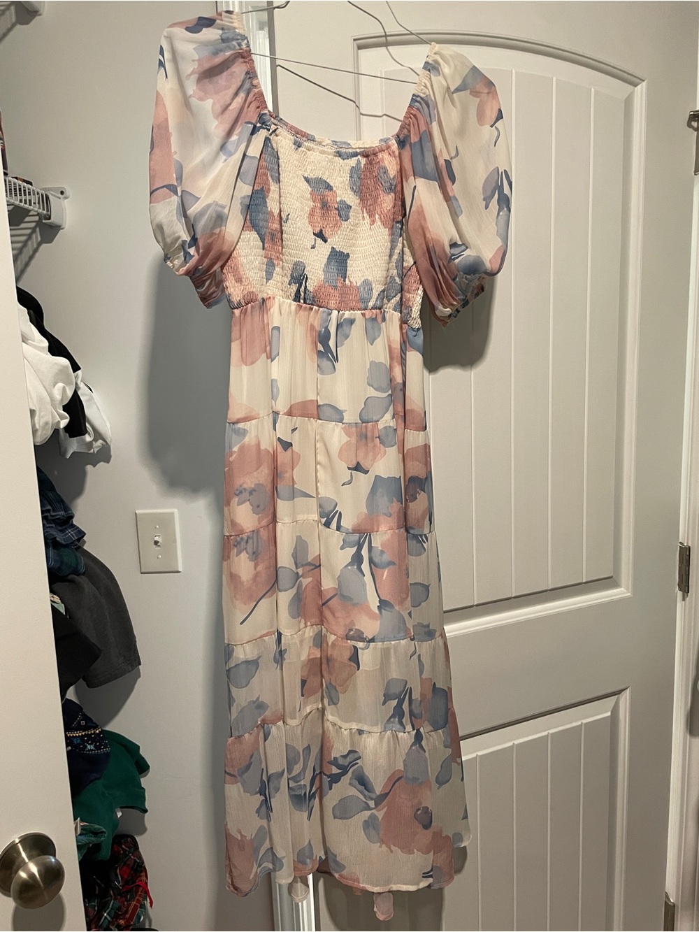 Floral Puff Sleeve Midi Dress in Blush & Dusty Blue